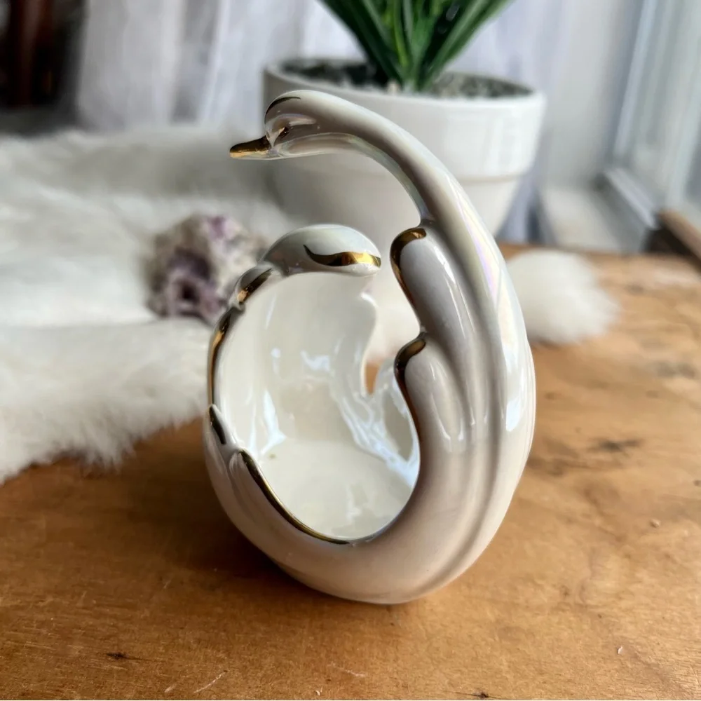 Vintage Lusterware Swan Trinket Bowl with Gold Accents - Picture 3 of 8